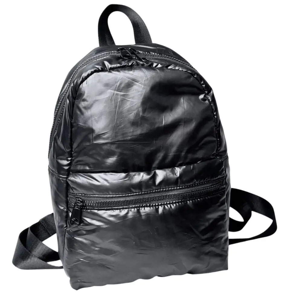 Black Nylon Backpack Handbag Purse Poofy 12x9 School Bag Zip Pockets Adult Kids